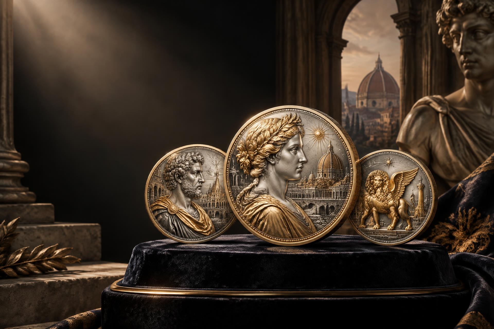 Illustrative arrangement of Renaissance-inspired collectible coins